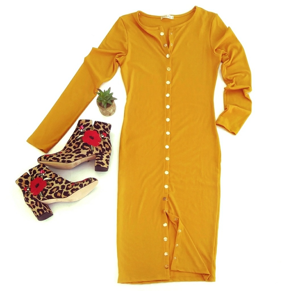 New! Heart & Hips Ribbed Mustard Snap Front Dress
